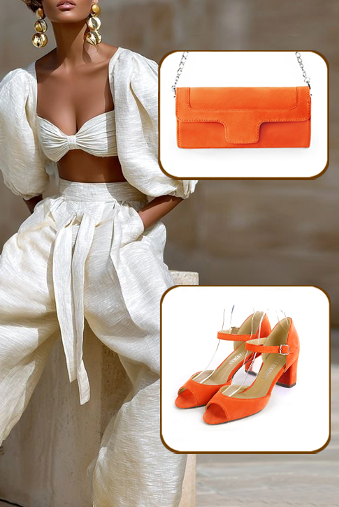 Women's clementine orange elegant sandals with instep strap. Square toe. Medium block heels - Worn view
